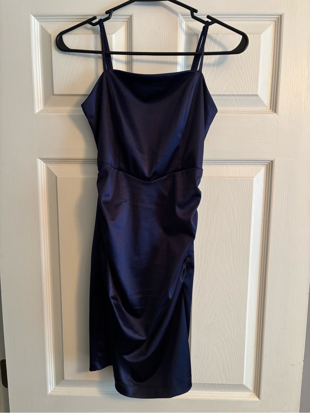 Emerald Sundae Navy Satin Midi Dress with Spaghetti Straps